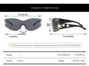 Size chart showing frame dimensions for the Y2K frameless oversized star sunglasses