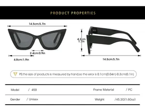 Detailed size chart for cat eye sunglasses with frame width and arm length measurements