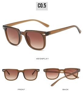 Three-angle views of retro square sunglasses with silver rivets and gradient tea lenses