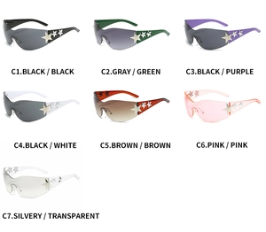 Collection of seven colorful Y2K rimless sunglasses with star-shaped metal accents