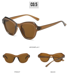 Drei Ansichten einer Vintage-Cat-Eye-Sonnenbrille mit transparentem braunem Gestell