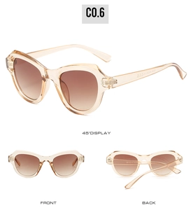 Drei-Wege-Ansicht von vorne, hinten und 45-Grad-Winkel der champagnerfarbenen Cat-Eye-Brille