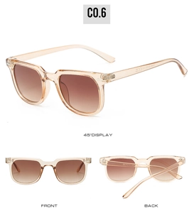Three views of square champagne sunglasses with brown gradient lenses and rivet detail