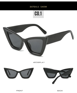 Detailed views of black cat-eye sunglasses with thick retro frames from multiple angles