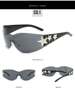 Detailed multi-angle views of Y2K star rimless sunglasses in black with silver star accents
