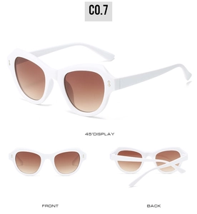 Drei Ansichten der weißen Cat-Eye-Sonnenbrille mit braunen Verlaufsgläsern und Golddetails