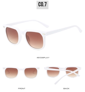 Three-way view of white square sunglasses with brown gradient lenses and metal studs