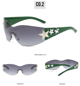 Detail view of Y2K star sunglasses with grey lenses and neon green temples side decor