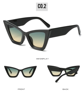 Three-angle view of cat-eye sunglasses with black frame and blue-yellow gradient lenses