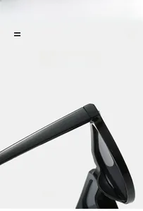 Detail of glossy black frame sunglasses showing lightweight and super elastic temples