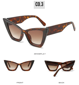 Detailed views of tortoiseshell cat-eye sunglasses with brown gradient lenses and frame angles