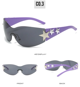 Detail of Y2K rimless shield sunglasses featuring silver star accents on purple frames