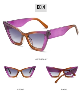 Detailed views of cat-eye sunglasses with purple tortoiseshell frames and gradient lenses
