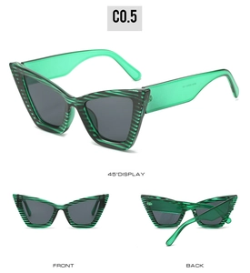 Green cat eye sunglasses with black stripes shown in front, back, and 45-degree views