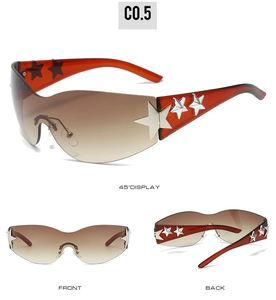 Three-angle view of rimless Y2K star sunglasses with brown gradient lenses and red temples