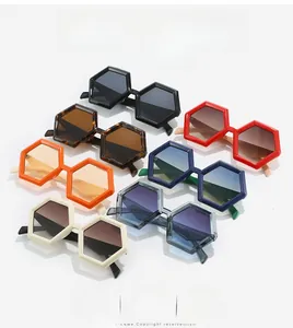 Detailed grid of oversized hexagonal sunglasses in multiple vibrant fashion colors