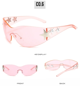 Y2K rimless star sunglasses with pink lenses and silver star rivets in multi-angle views
