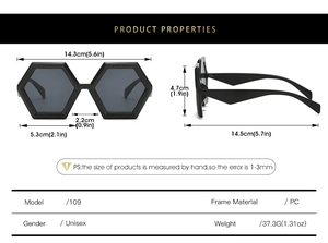 Detailed technical dimensions and size chart for oversized hexagonal black sunglasses
