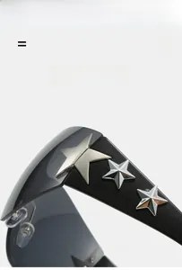 Macro shot of Y2K rimless star sunglasses featuring silver stars on black temples