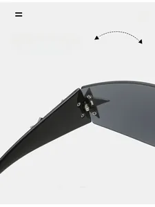 Close-up of durable metal hinge with black pentagram star on grey shield sunglasses