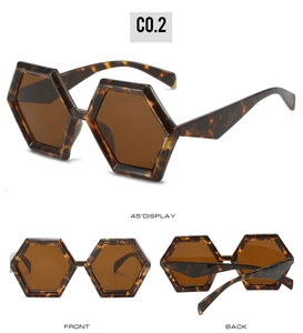 Detailed multi-angle views of tortoiseshell geometric sunglasses with dark brown lenses