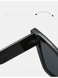 Close-up of durable metal hinge and M459 model print on black cat eye sunglasses