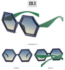 Detail view of hexagonal sunglasses featuring blue frame and green temples with gradient lenses