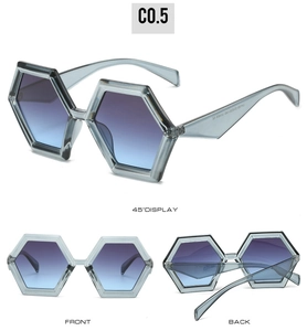 Three-way view of hexagonal sunglasses with translucent grey frame and gradient lenses
