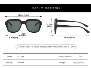 Detailed size chart for square sunglasses showing frame width and lens dimensions