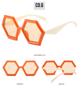Detailed views of geometric hexagonal sunglasses with orange frames and beige temples