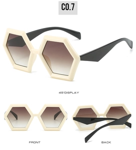 Detailed multi-angle views of oversized hexagonal sunglasses with cream frames and black temples