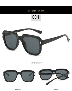 Detail view of square black sunglasses with silver arrow metal rivets and dark lenses