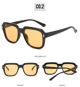 Detailed views showing square black frames with orange lenses and silver arrow accents