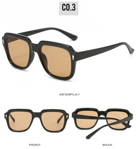 Three-angle view of black square sunglasses with brown lenses and silver arrow rivets