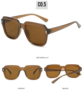 Multiple views of square amber resin sunglasses with brown lenses from different angles