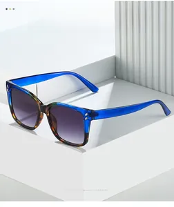 Close-up of square glasses frames with blue and tortoise shell textures and silver rivets