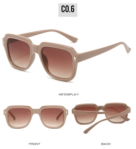 Three views of beige square oversized sunglasses with brown gradient lenses and silver rivets