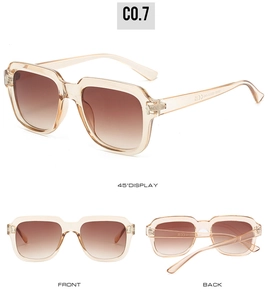 Detail view of champagne square sunglasses with brown gradient lenses and CE markings