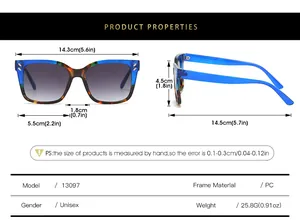 Detailed size chart showing dimensions for square frame fashion glasses with rivet accents