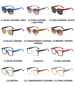 Collage showing twelve stylish square frame eyewear colors with rivet temple details
