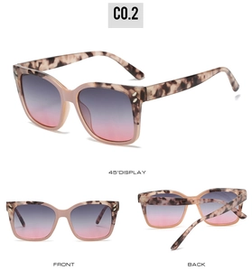 Three-view layout of tortoiseshell square glasses frame with rivets and gradient lenses