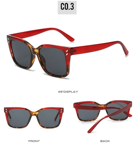 Detailed views of square oversized sunglasses with tortoiseshell frame and silver rivets
