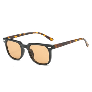 Classic square frame sunglasses with black fronts, tortoise temples and silver rivets