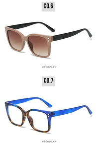 45-degree angle display of stylish square eyewear frames with metal rivet details