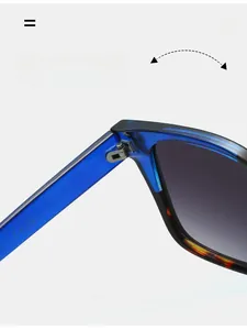 Detail of durable texture hinge and CE certification mark on blue square glasses frame