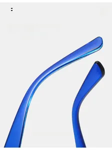 Macro detail of ergonomic curved blue sunglasses temples for comfortable wear
