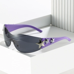 Y2K rimless star sunglasses with purple frames and large wrap-around dark lenses