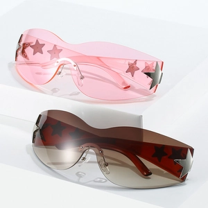 Y2K rimless star sunglasses in pink and brown with futuristic wraparound design