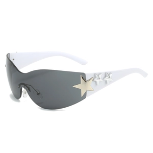 Y2K rimless shield sunglasses with white wide temples and metal star details