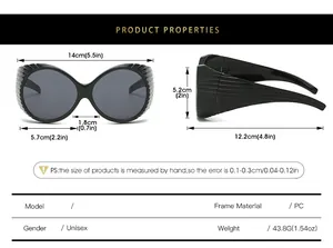 Size chart showing dimensions for vintage oval sunglasses including frame width and lens height